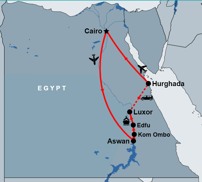 7 Day Cairo, Nile Cruise and Hurghada map 7 Day Cairo, Nile Cruise and Hurghada map